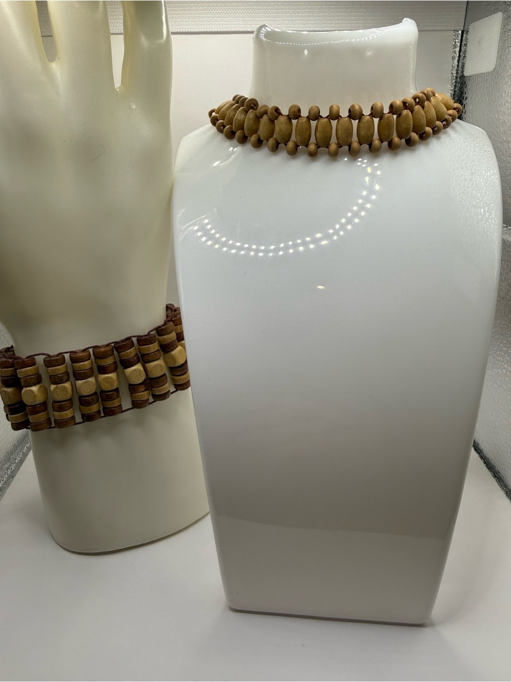 Vintage Tribal Brown Wooden Choker Necklace Stretch Wood Bead Bracelet (2) Lot